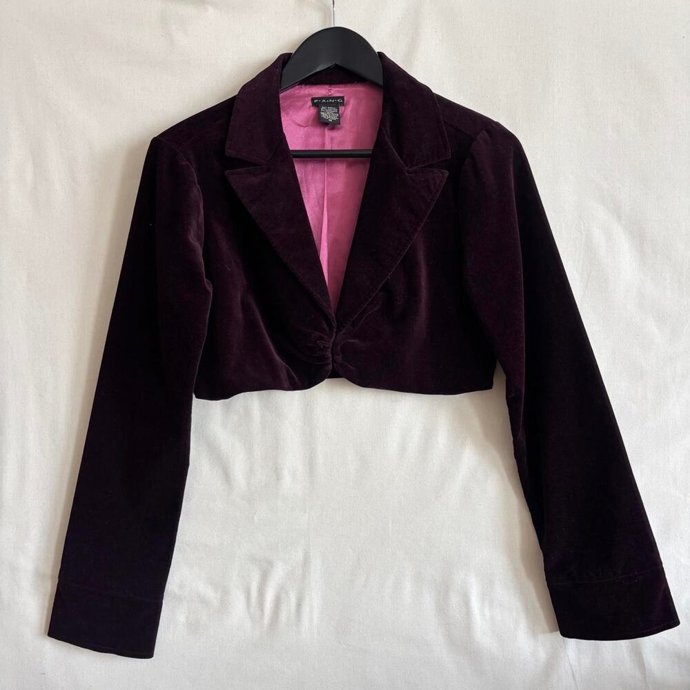 Vintage Fang Y2K Burgundy Velvet Cropped Bolero Pink Lining - Size M